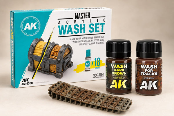 AK Master Acrylic Wash Set with Wash Dark Brown for Green Vehicles, Wash for Tracks and a weathered model track on a sand studio backdrop