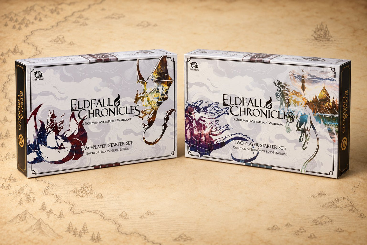 Two Eldfall Chronicles Two-Player Starter Set boxes on an old parchment map