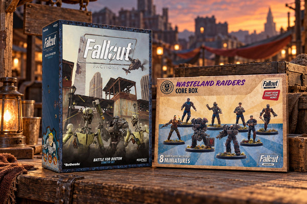 Fallout: Factions Battle for Boston Starter Set and Wasteland Raiders Core Box at a roadside trading post at dusk