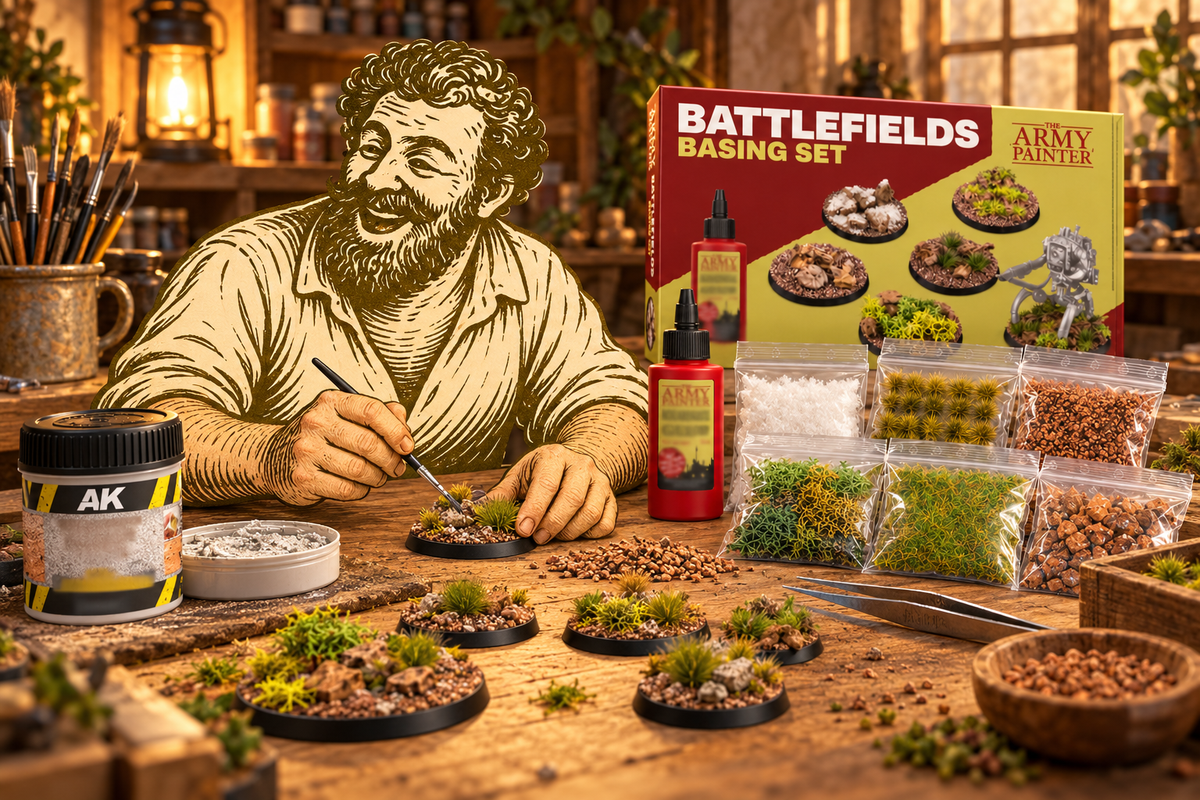 The Happy Chapman mascot basing a miniature at a workbench with the Army Painter Battlefields Basing Set and AK Interactive texture