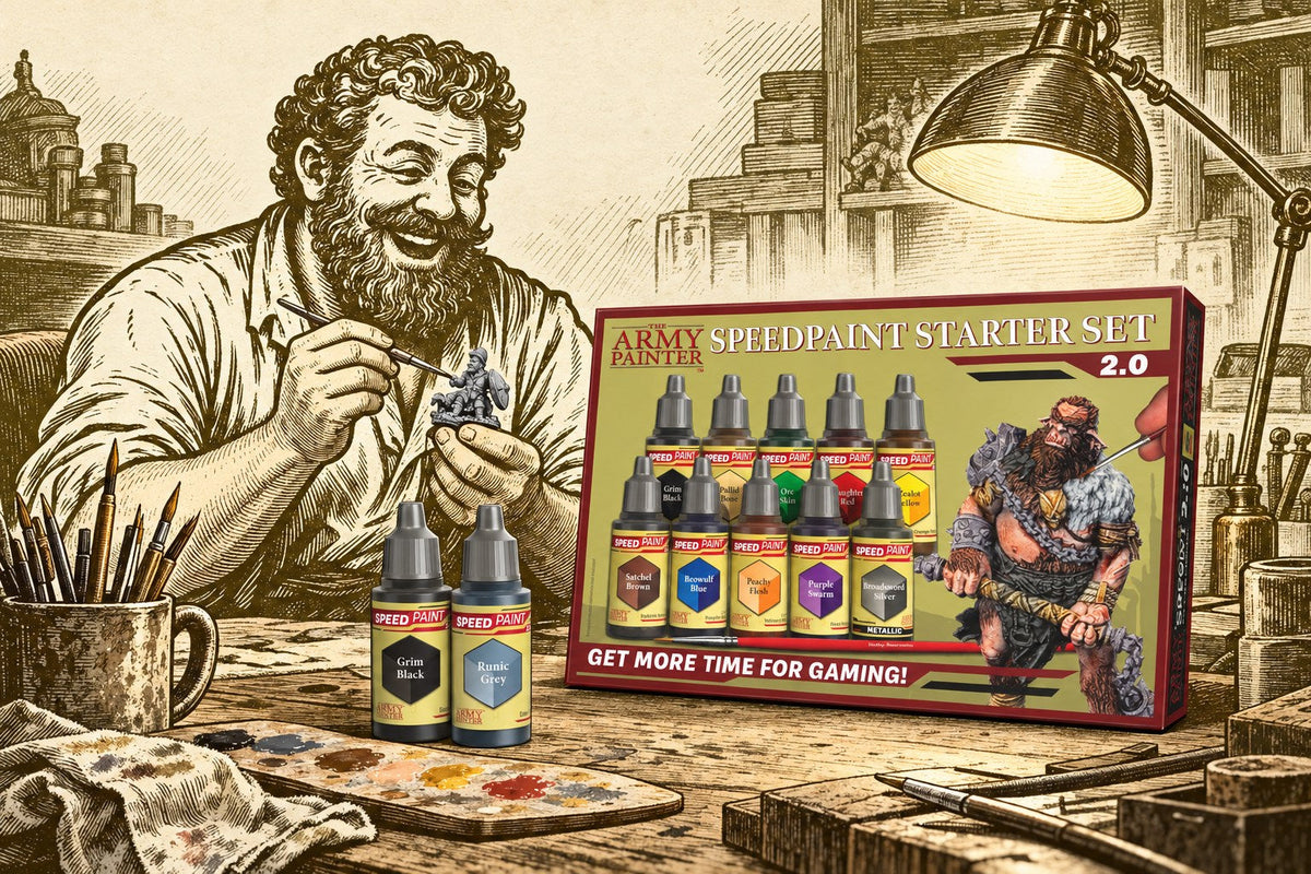 The Happy Chapman painting a miniature beside the Army Painter Speedpaint Starter Set 2.0, Grim Black and Runic Grey