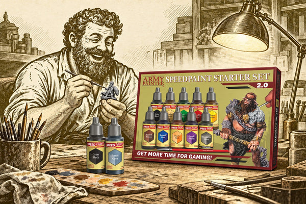 The Happy Chapman painting a miniature beside the Army Painter Speedpaint Starter Set 2.0, Grim Black and Runic Grey