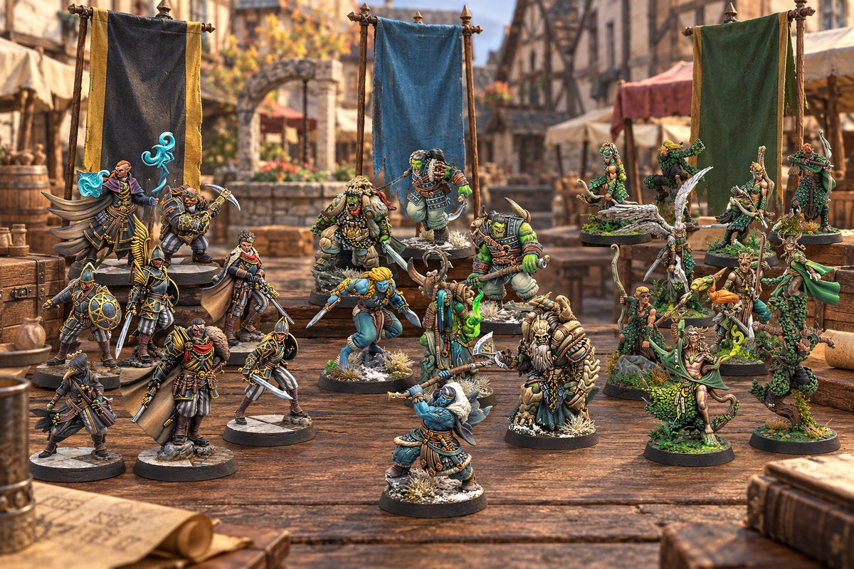 Warcrow Hegemony, Northern Tribes and Syenann warbands under their banners in a Chapmen town square