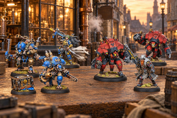 Cygnar Gravediggers and Khador Winter Korps Warmachine battlegroups facing off on a workbench in a Chapmen town street