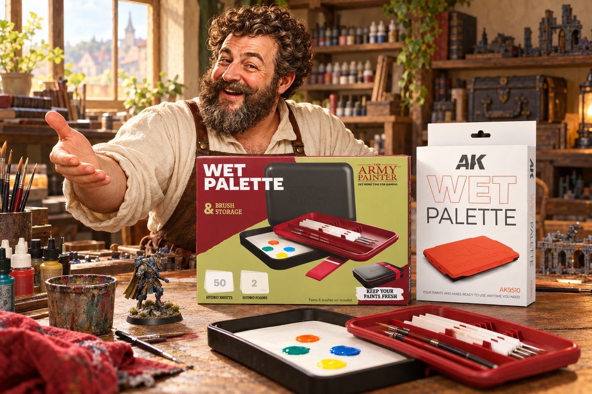 The Happy Chapman at his painting bench presenting The Army Painter Wet Palette and the AK Interactive Wet Palette