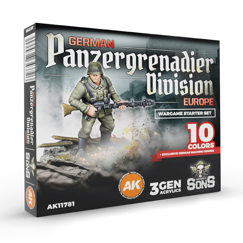 AK Interactive: German Panzergrenadier Division Europe - Starter Set (10 Colors + Exclusive Figure German Machine Gunner)