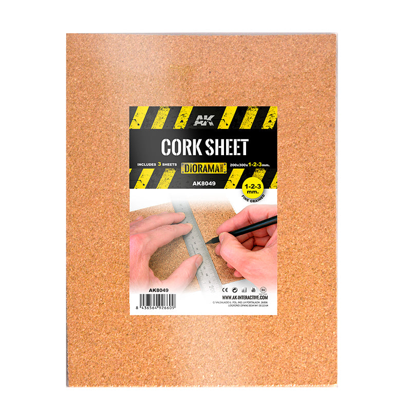 AK Interactive: Cork Sheets - Fine Grained - 200 X 300 X 1-2-3mm (3 Sheets)