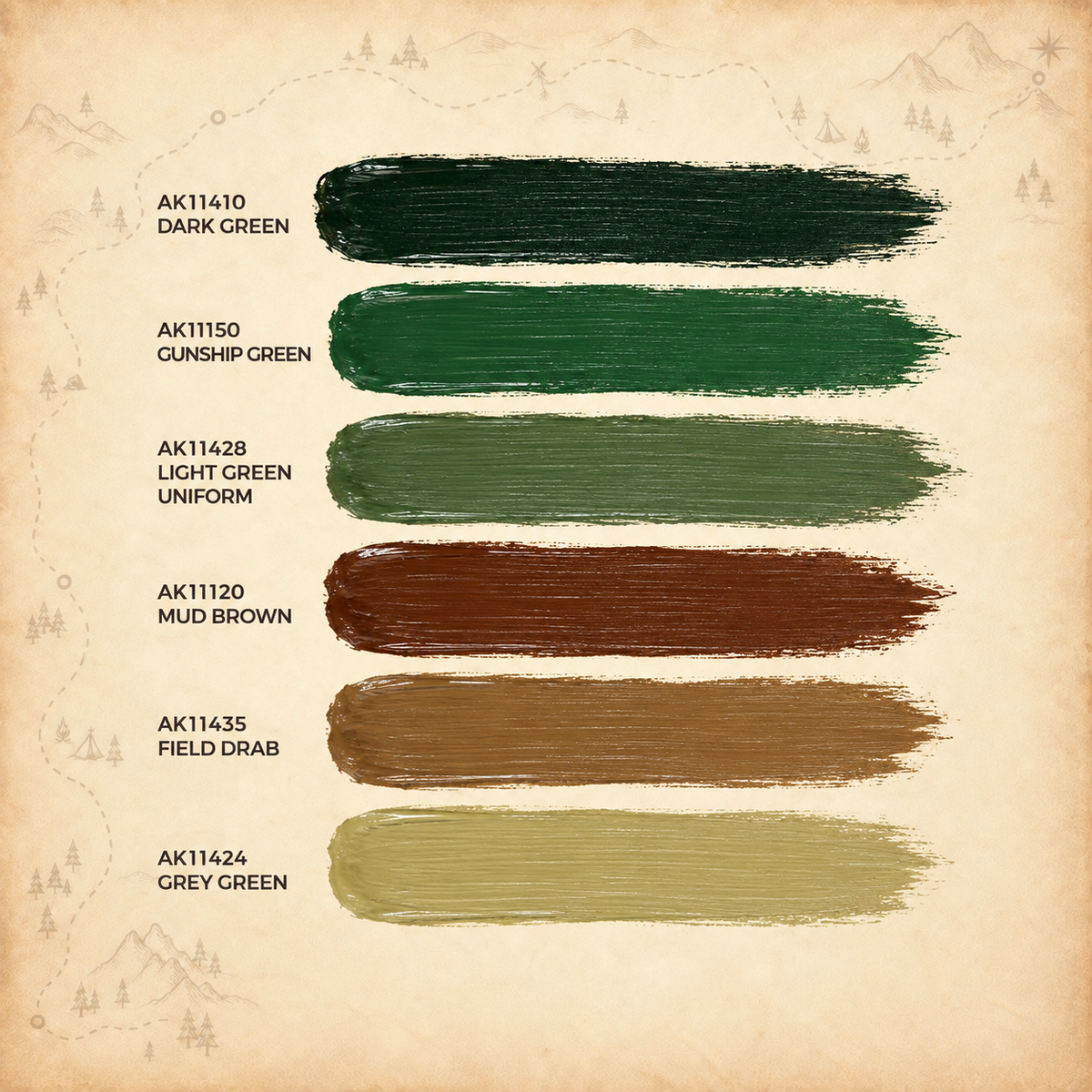 AK Interactive: 3G Vietnam Green and Camouflage Colors Set, colour swatches