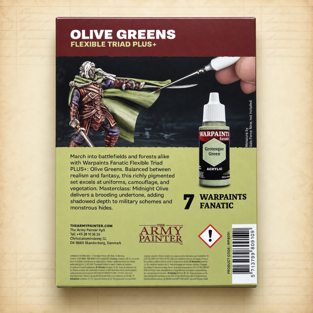Army Painter: Warpaints Fanatic Flexible Triad PLUS+ - Olive Greens Set, box back