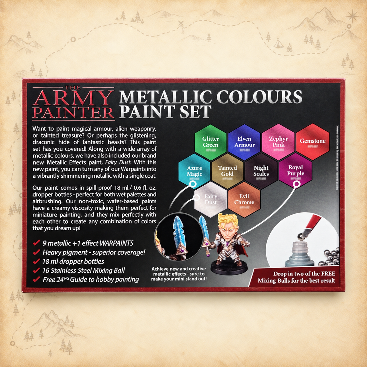 Army Painter: Metallic Colours Paint Set W/ Mixing Balls, box back
