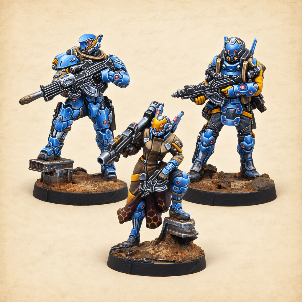 Infinity: Beyond Operation Sandtrap, PanOceania miniatures close up