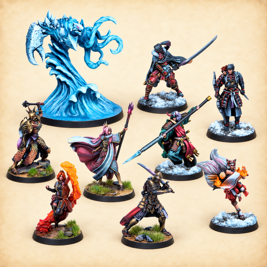 Eldfall Chronicles: Two-Player Starter Set Empire of Soga vs Helian League, miniatures close up