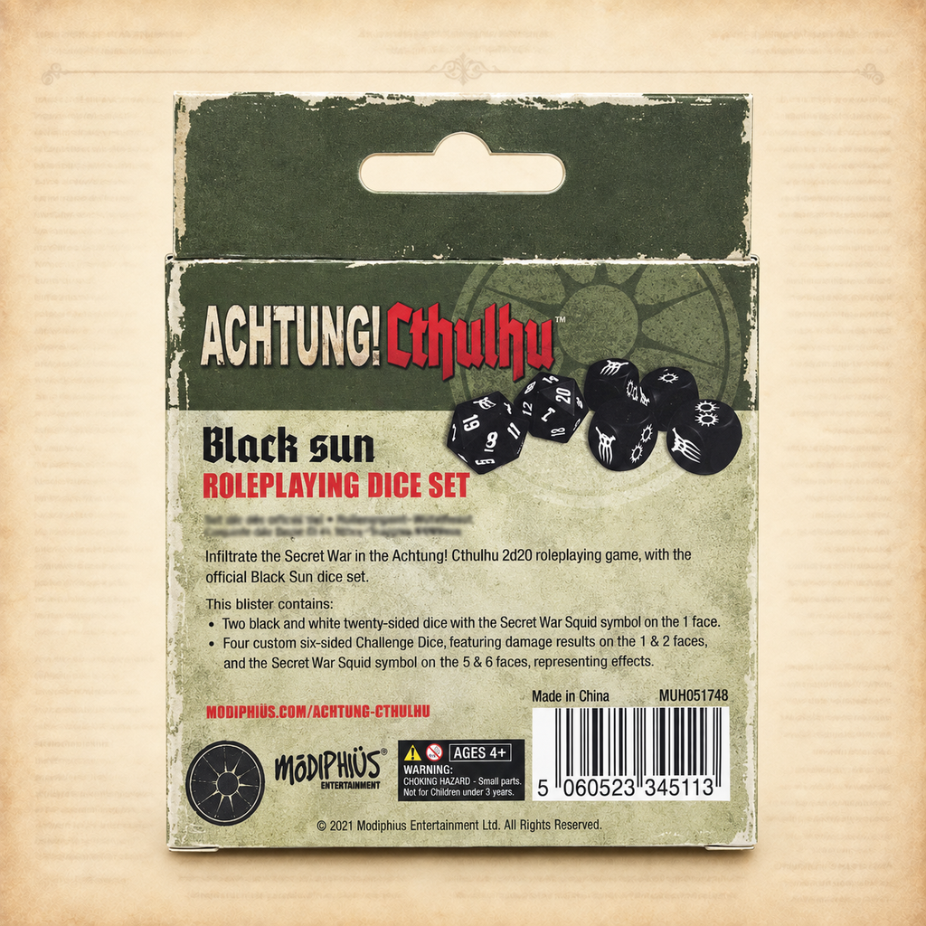 Achtung! Cthulhu: 2d20 Black Sun Dice Set, box back