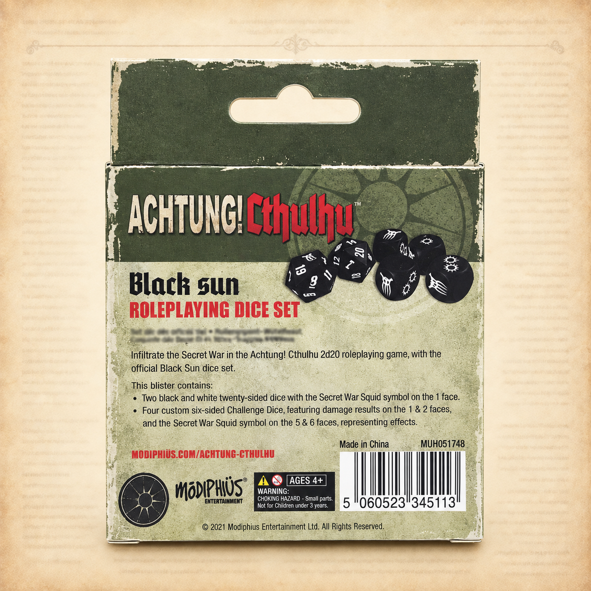 Achtung! Cthulhu: 2d20 Black Sun Dice Set, box back