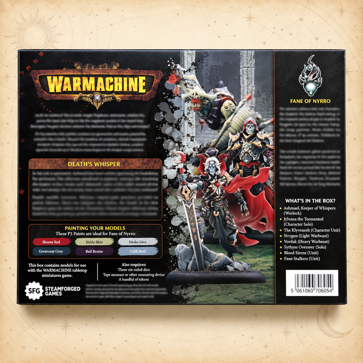 Warmachine: Dusk Fane of Nyrro Army Box, Death’s Whisper, box back