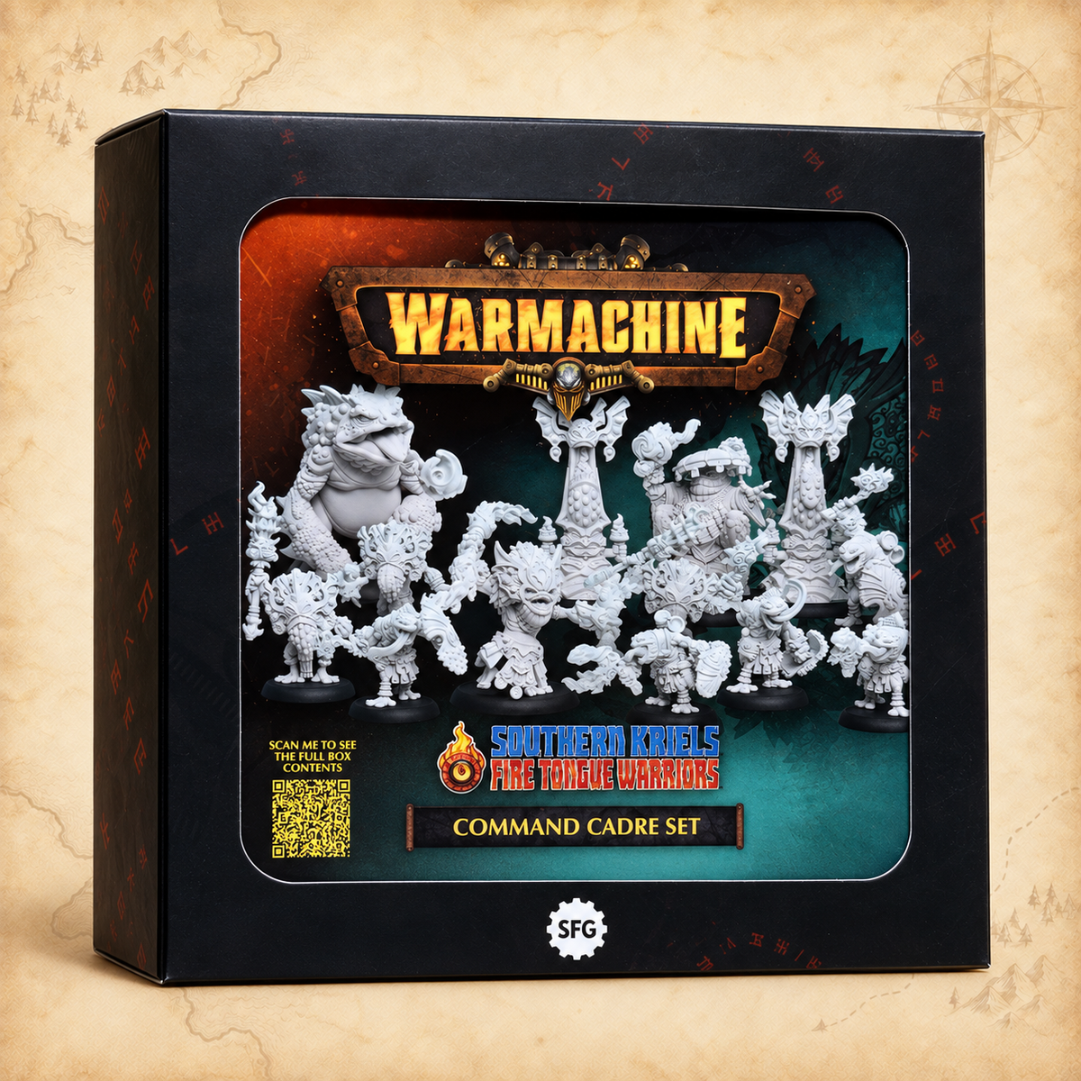 Warmachine: Southern Kriels Fire Tongue Warriors Command Cadre, box front