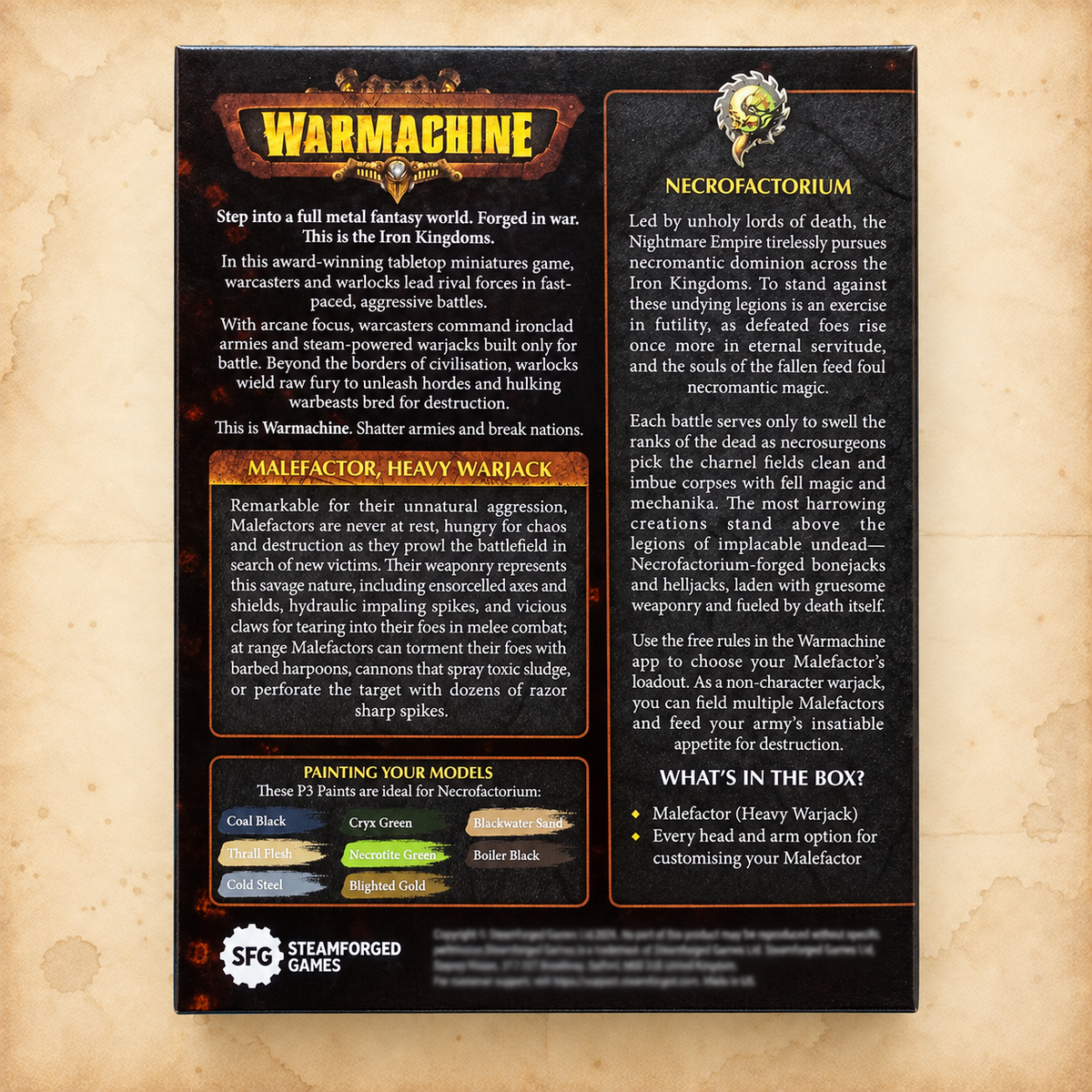 Warmachine: Cryx Necrofactorium Heavy Warjack: Malefactor, box back