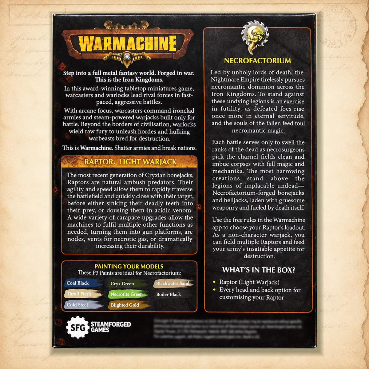 Warmachine: Cryx Necrofactorium Light Warjack: Raptor, box back